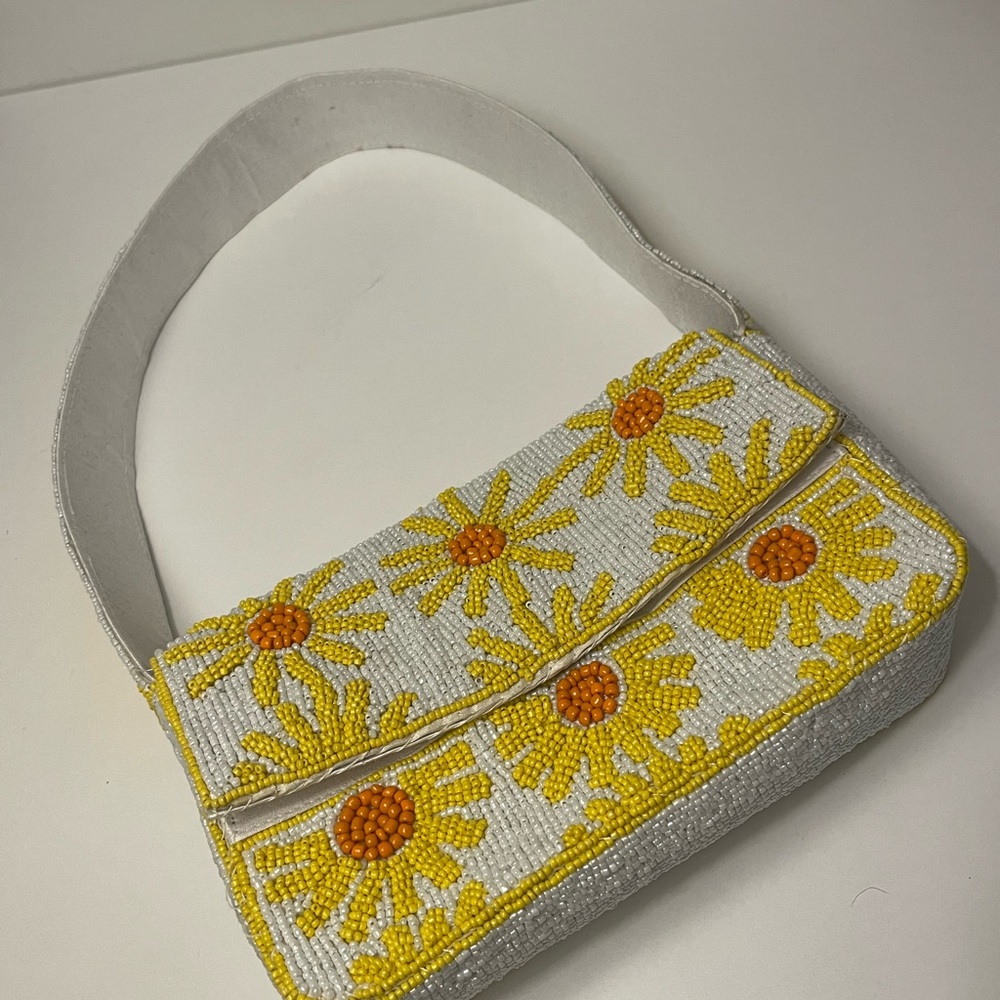 White Beaded Shoulder Bag with Yellow Daisy Embroidery